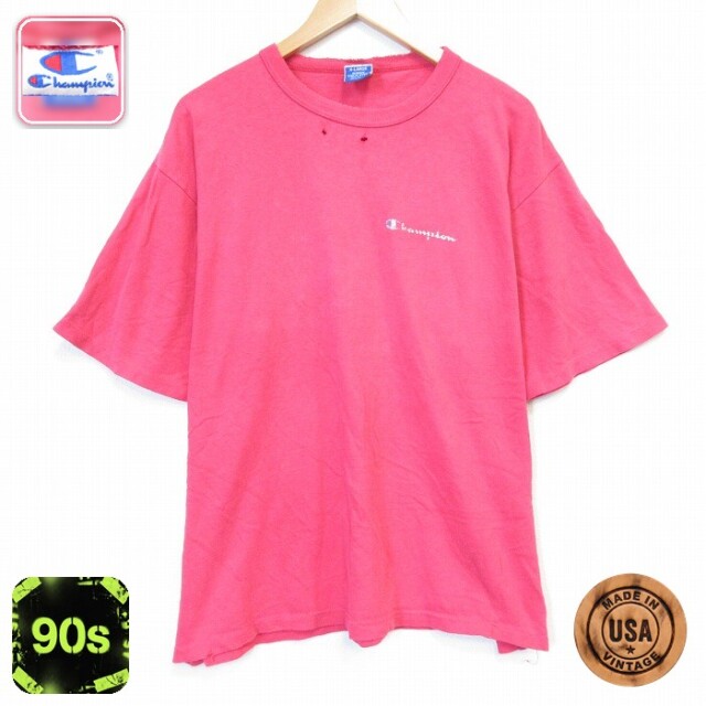 チャンピオン 90s 半袖Tシャツ ワンポイントロゴ ピンク メンズXL相当 | 古着