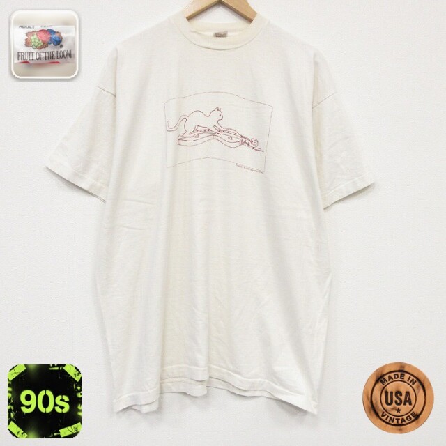 フルーツオブザルーム 90s 半袖Tシャツ ネコ ホワイト メンズXL相当 | 古着