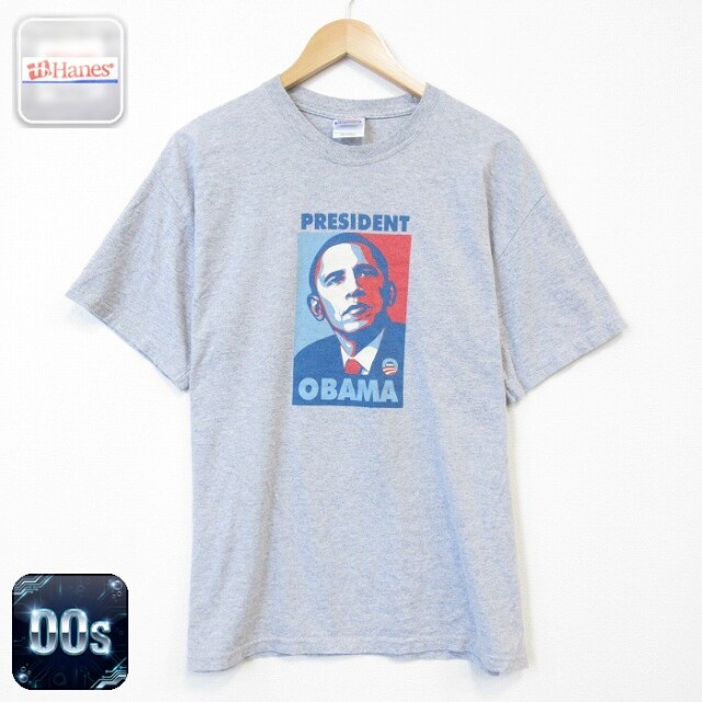 ヘインズ 00s 半袖Tシャツ オバマ大統領 グレー メンズL相当 | 古着
