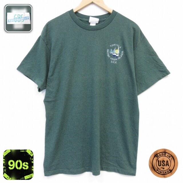 90s 半袖Tシャツ ヨット グリーンボーダー メンズXL相当 | 古着