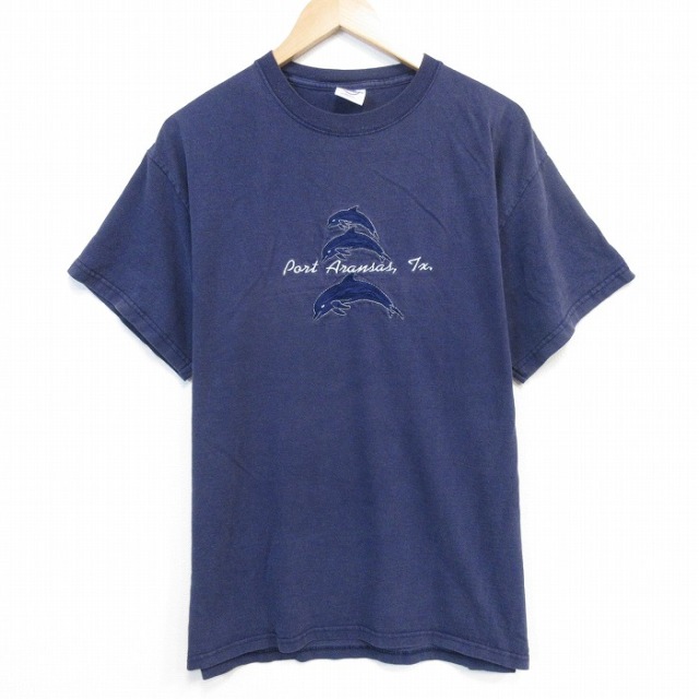 00s 半袖Tシャツ イルカ刺繍 ネイビー メンズXL相当 | 古着