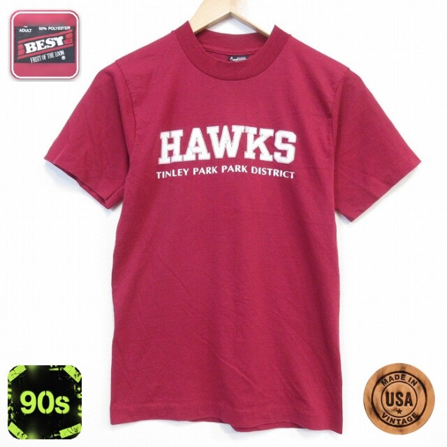 フルーツオブザルーム 90s 半袖Tシャツ HAWKS バーガンディ メンズS相当 | 古着