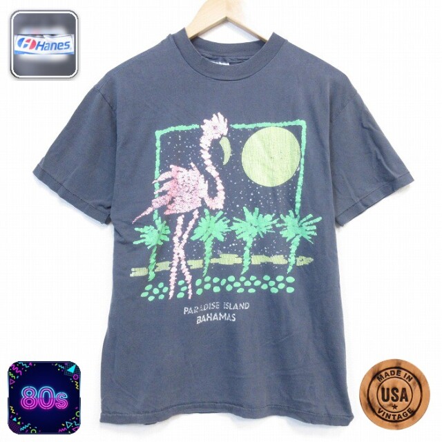 80s 半袖Tシャツ フラミンゴ ブラック メンズL相当 | 古着