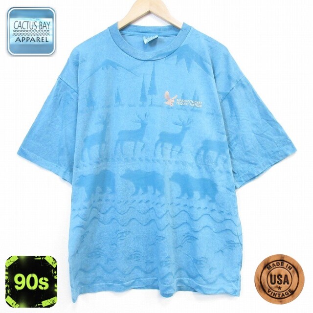 90s 半袖Tシャツ シカクマ ブルー メンズXL相当 | 古着