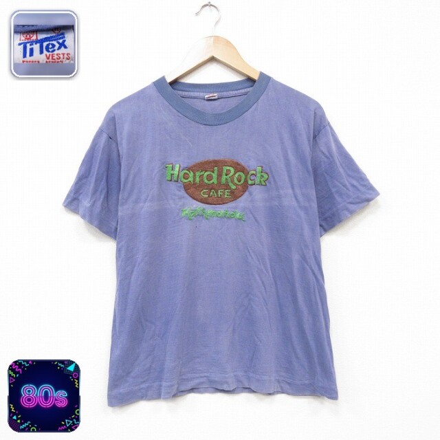 80s 半袖Tシャツ ハードロックカフェ刺繍 パープル メンズM相当 | 古着