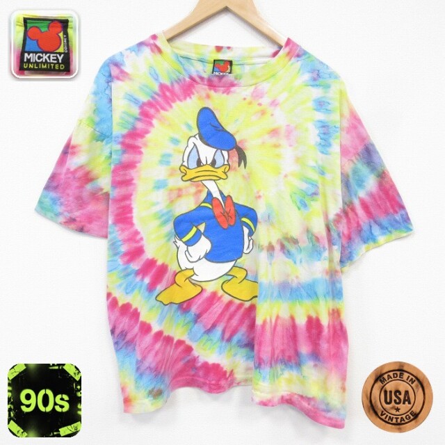 ディズニー 90s 半袖Tシャツ ドナルドダック タイダイ イエロー メンズXL相当 | 古着