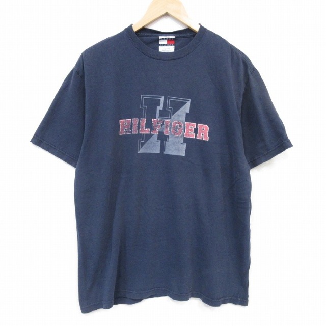 XL★古着 トミーヒルフィガー 半袖 ビンテージ ブランド Tシャツ メンズ 90年代 90s ビッグロゴ コットン クルーネック USA製 ネイビー【spe】 26jul09