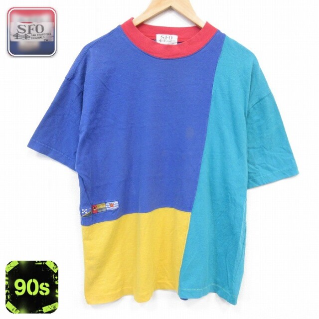 90s 半袖Tシャツ マルチカラー ブルー メンズXL相当 | 古着