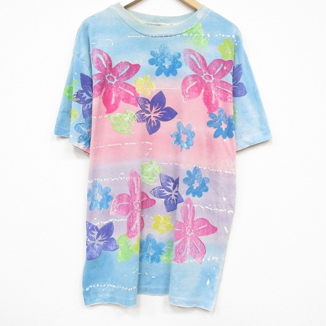 XL★古着 半袖 ビンテージ Tシャツ メンズ 90年代 90s 花 大きいサイズ クルーネック ライトブルー ブリーチ加工 26jul10