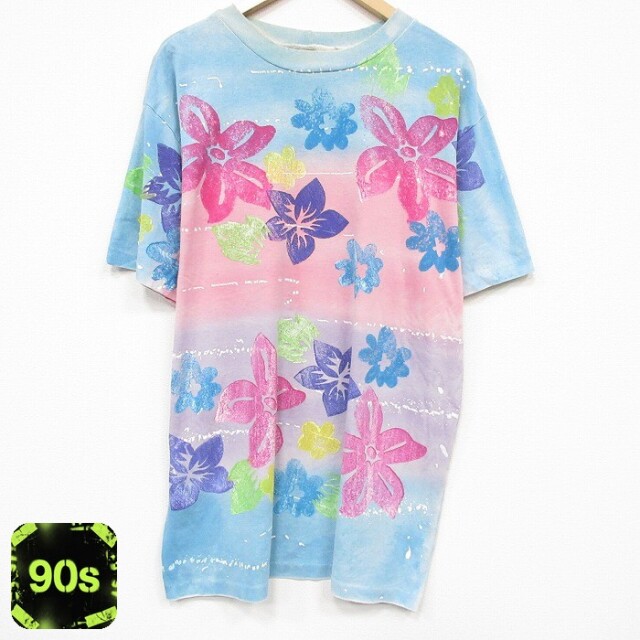90s 半袖Tシャツ 花 ライトブルー メンズXL相当 | 古着
