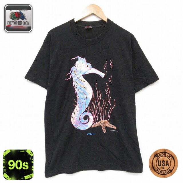 フルーツオブザルーム 90s 半袖Tシャツ タツノオトシゴ ブラック メンズL相当 | 古着