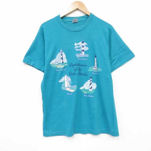 半袖Tシャツ 灯台 ライトブルー メンズM相当 | 古着