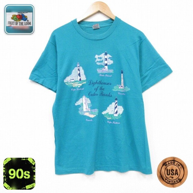 半袖Tシャツ 灯台 ライトブルー メンズM相当 | 古着