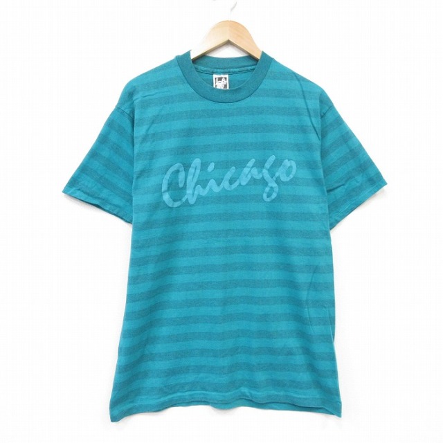 90s 半袖Tシャツ シカゴボーダー グリーン メンズL相当 | 古着