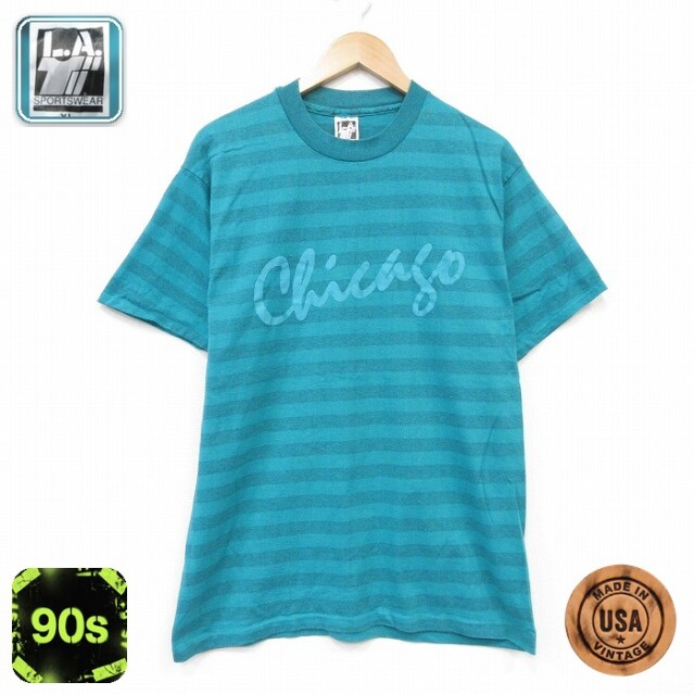 90s 半袖Tシャツ シカゴボーダー グリーン メンズL相当 | 古着