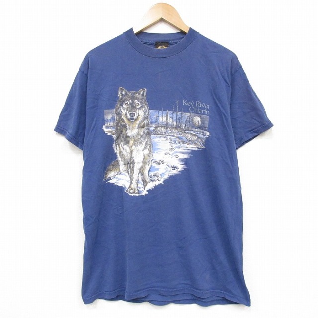 90s 半袖Tシャツ オオカミ ネイビー メンズL相当 | 古着