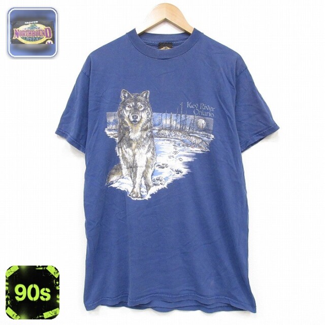 90s 半袖Tシャツ オオカミ ネイビー メンズL相当 | 古着