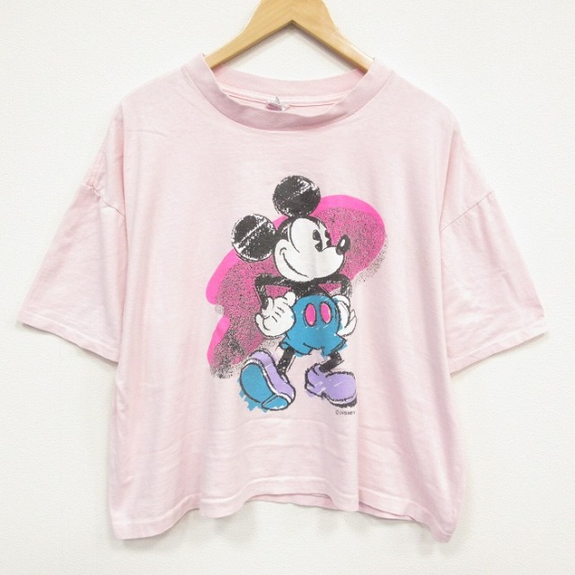 XL★古着 半袖 ビンテージ Tシャツ メンズ 80年代 80s ディズニー ミッキー 大きいサイズ コットン クルーネック USA製 ピンク【spe】 26jul15