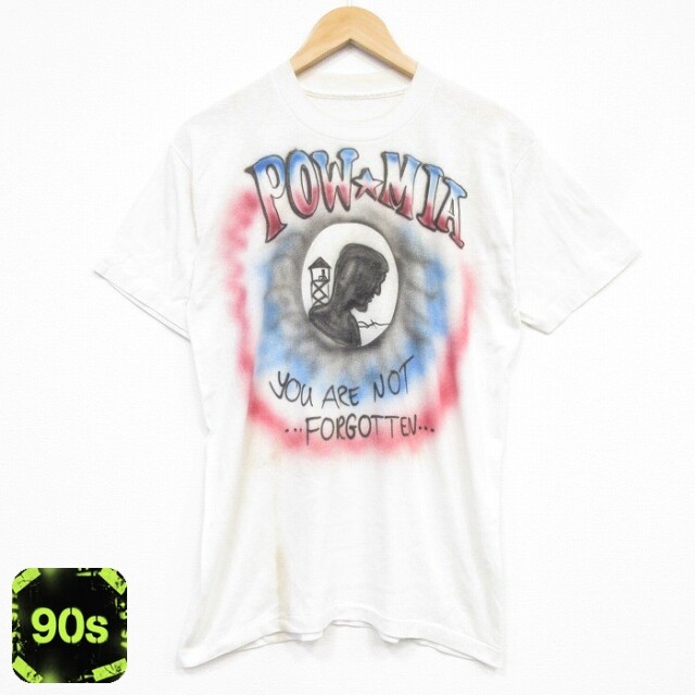 90s 半袖Tシャツ POW MIAエアブラシ ホワイト メンズM相当 | 古着
