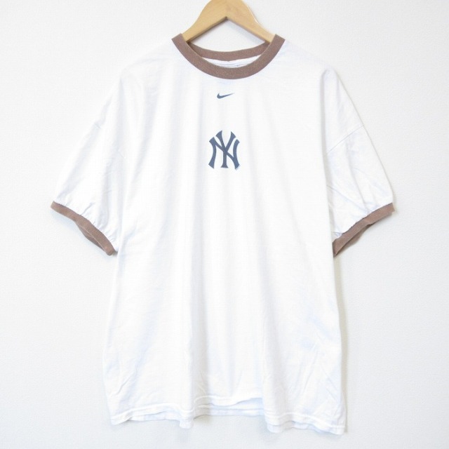 XL★古着 ナイキ NIKE 半袖 ビンテージ Tシャツ メンズ 00年代 00s MLB ニューヨークヤンキース 大きいサイズ コットン クルーネック ホワイト リンガ― メジャーリーグ ベースボール 野球【spe】 26jul17