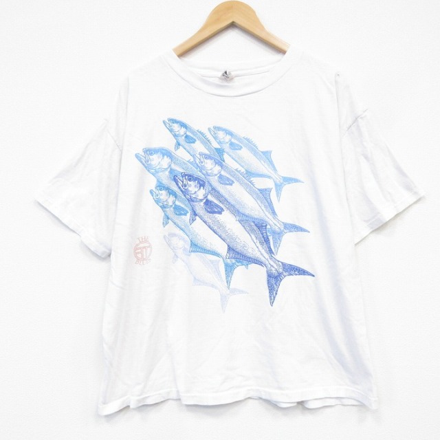 XL★古着 FABRIC ART 半袖 ビンテージ Tシャツ メンズ 90年代 90s 魚 大きいサイズ コットン クルーネック USA製 ホワイト【spe】 26jul17