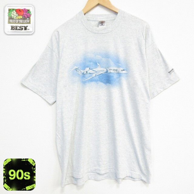 フルーツオブザルーム 90s 半袖Tシャツ ジェット旅客機CRJ700 グレー メンズXL相当 | 古着