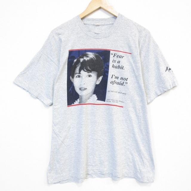 XL★古着 半袖 ビンテージ Tシャツ メンズ 90年代 90s アウンサンスーチー クルーネック グレー 霜降り【spe】 26jul28