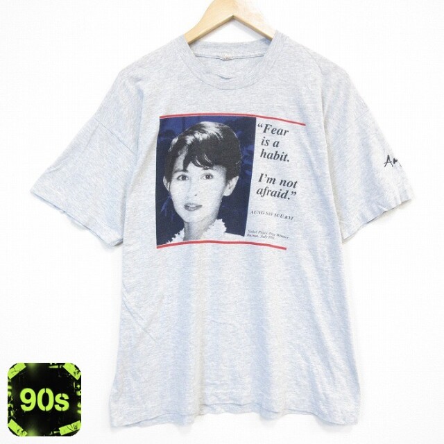 90s 半袖Tシャツ アウンサンスーチー グレー メンズXL相当 | 古着