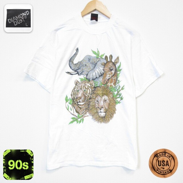 90s 半袖Tシャツ ライオン ゾウ ホワイト メンズL相当 | 古着