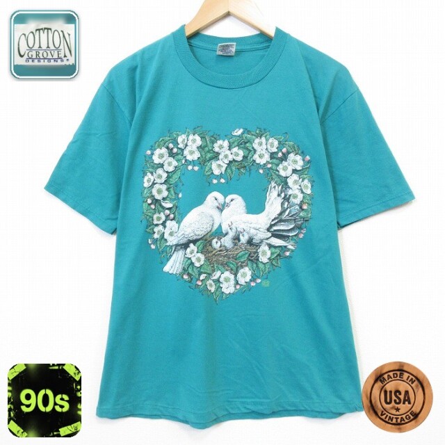 90s 半袖Tシャツ 鳥 グリーン メンズL相当 | 古着