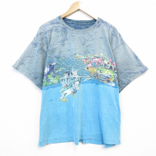 XL★古着 半袖 ビンテージ Tシャツ メンズ 90年代 90s カエル 大きいサイズ クルーネック ライトブルー タイダイ【spe】 26jul30
