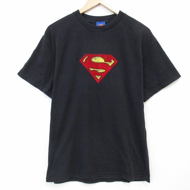 00s 半袖Tシャツ DCコミックススーパーマンフロッキープリント ブラック メンズL相当 | 古着