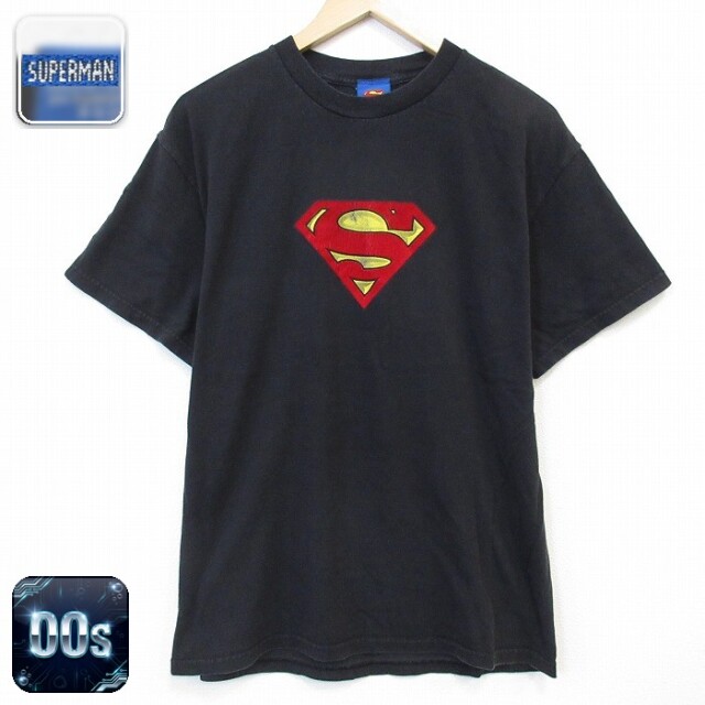 00s 半袖Tシャツ DCコミックススーパーマンフロッキープリント ブラック メンズL相当 | 古着