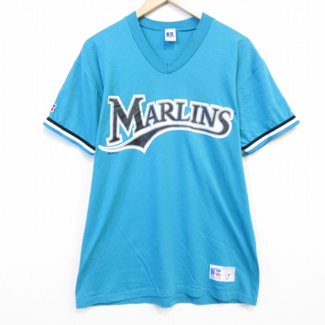 ラッセル 90s 半袖Tシャツ MLBマイアミマーリンズ ライトブルー メンズL相当 | 古着
