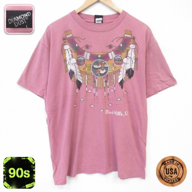 半袖 ビンテージ Tシャツ 90s 首飾り コットン クルーネック USA製 ピンク メンズXL相当 | 古着