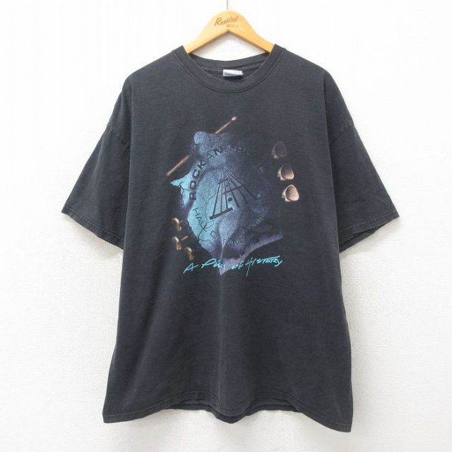 XL★古着 ヘインズ Hanes 半袖 ビンテージ ロック バンド Tシャツ メンズ 00年代 00s ロックンロールの殿堂 大きいサイズ コットン クルーネック 黒 ブラック 25may24 中古