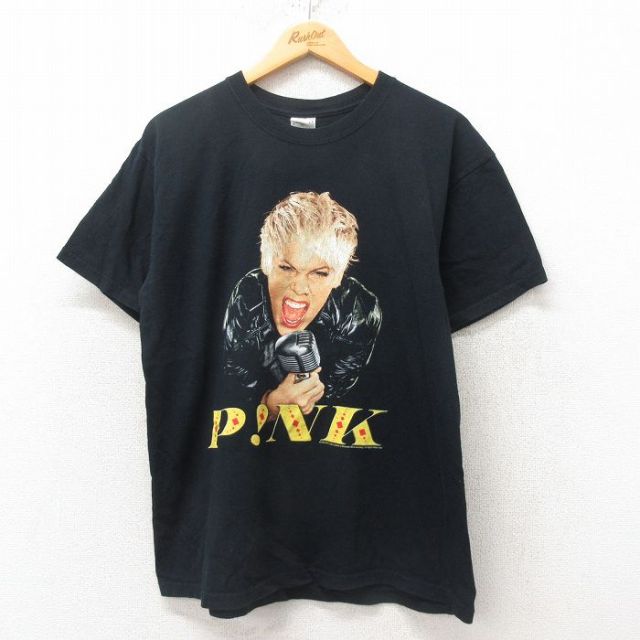 L★古着 半袖 ビンテージ ロック バンド Tシャツ メンズ 00年代 00s PINK コットン クルーネック 黒 ブラック 25jun20 中古