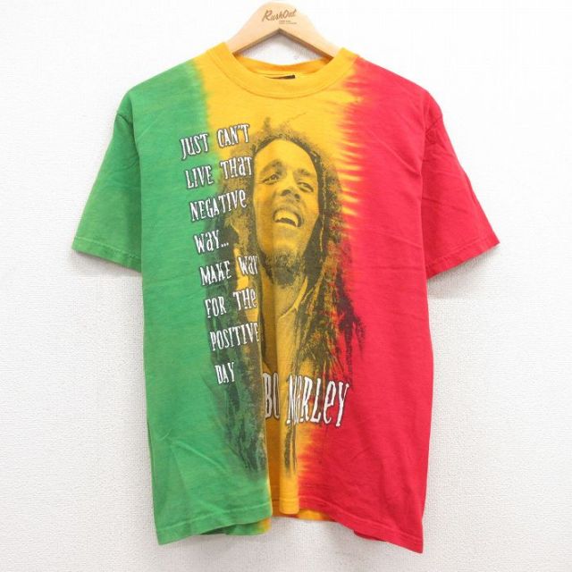 M★古着 半袖 ビンテージ ロック バンド Tシャツ メンズ 90年代 90s ボブマーリー ラスタカラー コットン クルーネック 黄他 イエロー タイダイ 【spe】 25jul10 中古
