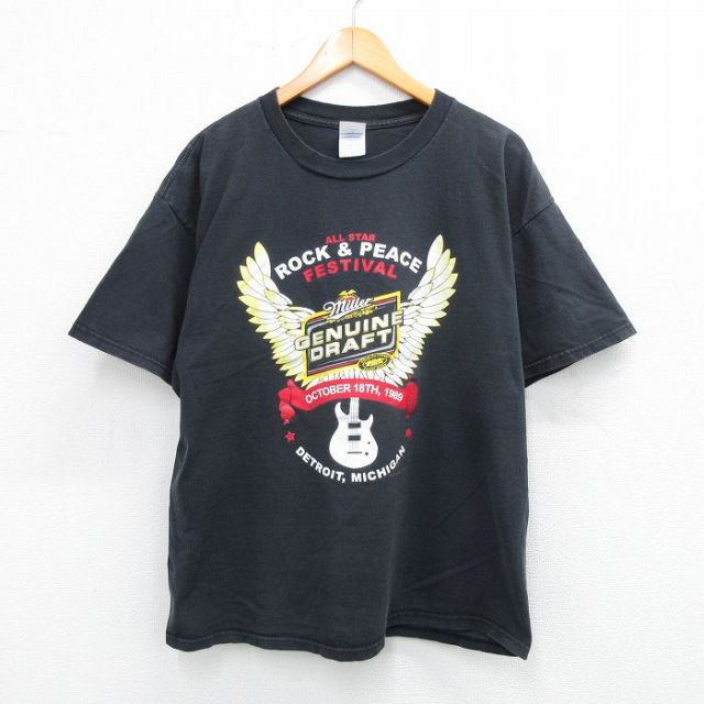 XL★古着 半袖 ビンテージ ロック バンド Tシャツ メンズ 00年代 00s オールスターロック&ピース フェス ミラー ビール コットン クルーネック 黒 ブラック 25jul30 中古