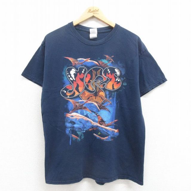 L★古着 半袖 ビンテージ ロック バンド Tシャツ メンズ 00年代 00s イエス コットン クルーネック 紺 ネイビー 25aug06 中古