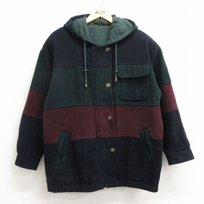 古着 長袖 ウール ジャケット パーカー レディース 00年代 00s マルチカラー リバーシブル 大きいサイズ 紺他 ネイビー 24oct16 中古 アウター ジャンパー ブルゾン