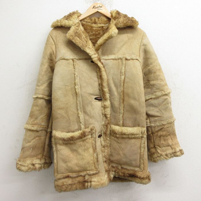 【50%OFF】古着 長袖 ムートン レザー ボア ジャケット レディース ロング丈 ベージュ カーキ 【spe】 24oct23 中古 アウター ジャンパー ブルゾン