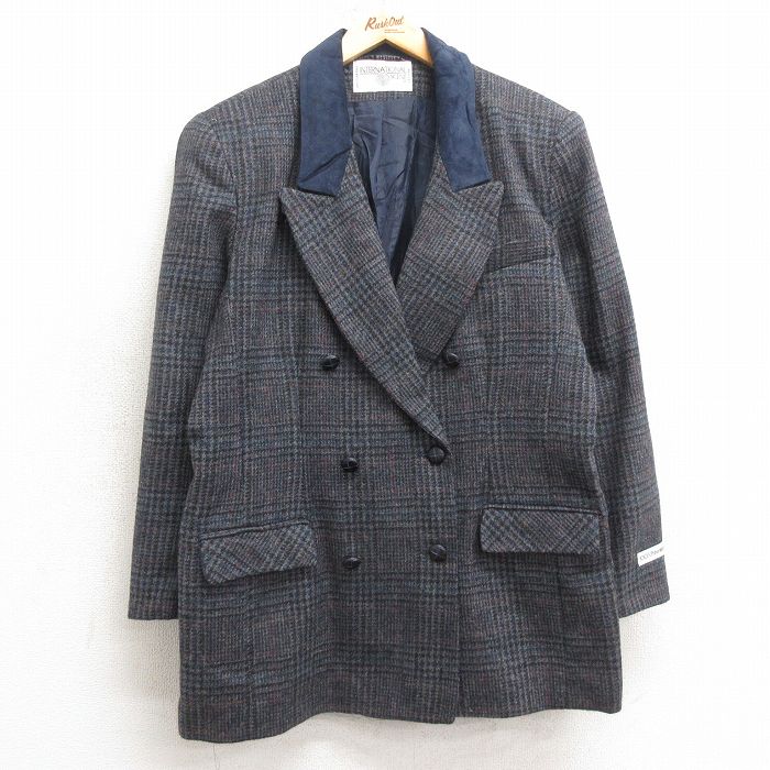 【50%OFF】古着 長袖 テーラード ジャケット レディース 90年代 90s 襟レザー ウール デッドストック 濃グレー他 チェック 25jan11 中古 アウター ジャンパー ブルゾン