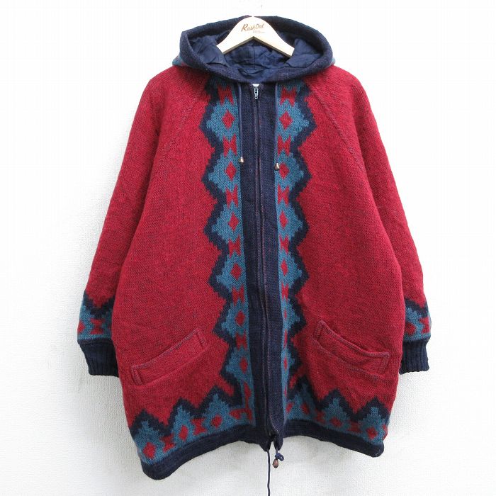 古着 長袖 ウール ジャケット パーカー レディース 90年代 90s ネイティブ柄 ラグ柄 ラグラン 大きいサイズ ロング丈 アイスランド製 赤他 レッド 内側キルティング 25feb01 中古 アウター ジャンパー ブルゾン