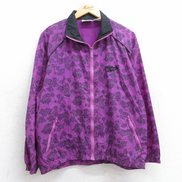 【50%OFF】古着 リーボック REEBOK 長袖 ナイロン ジャケット レディース 90年代 90s 葉 総柄 ラグラン 紫他 パープル 内側メッシュ 25feb08 中古 アウター ウインドブレーカー