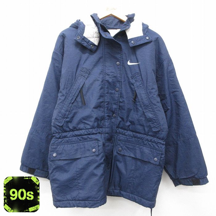 【50%OFF】古着 ナイキ NIKE 長袖 ナイロン ジャケット パーカー レディース 90年代 90s ワンポイントロゴ 大きいサイズ 紺 ネイビー 内側キルティング 25feb12 中古 アウター ウインドブレーカー