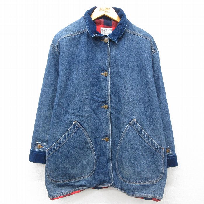 古着 長袖 デニム ジャケット レディース 90年代 90s 襟コーデュロイ 大きいサイズ コットン 紺 ネイビー 内側フランネル 【spe】 25feb12 中古 アウター ジャンパー ブルゾン