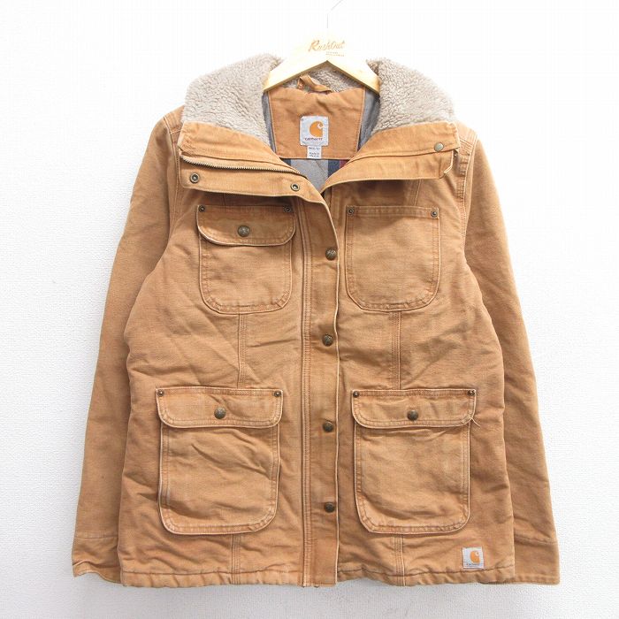 古着 カーハート Carhartt 長袖 ジャケット レディース ダック地 コットン 襟ボア 茶 ブラウン 内側キルティング 25feb17 中古 アウター ジャンパー ブルゾン