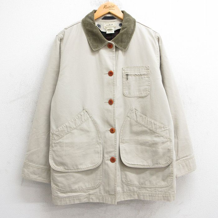 古着 エルエルビーン LLBEAN 長袖 ジャケット カバーオール レディース 00年代 00s 襟コーデュロイ ダック地 コットン 薄ベージュ カーキ 内側ウール 25feb21 中古 アウター ジャンパー ブルゾン