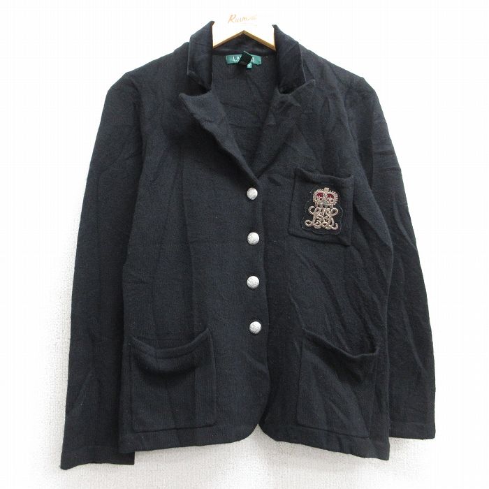 【50%OFF】古着 ラルフローレン Ralph Lauren 長袖 ブランド ウール ジャケット レディース 00年代 00s ワンポイントロゴ ベロア仕様 開襟 オープンカラー 黒 ブラック 【spe】 25nov01 中古 アウター ジャンパー ブルゾン